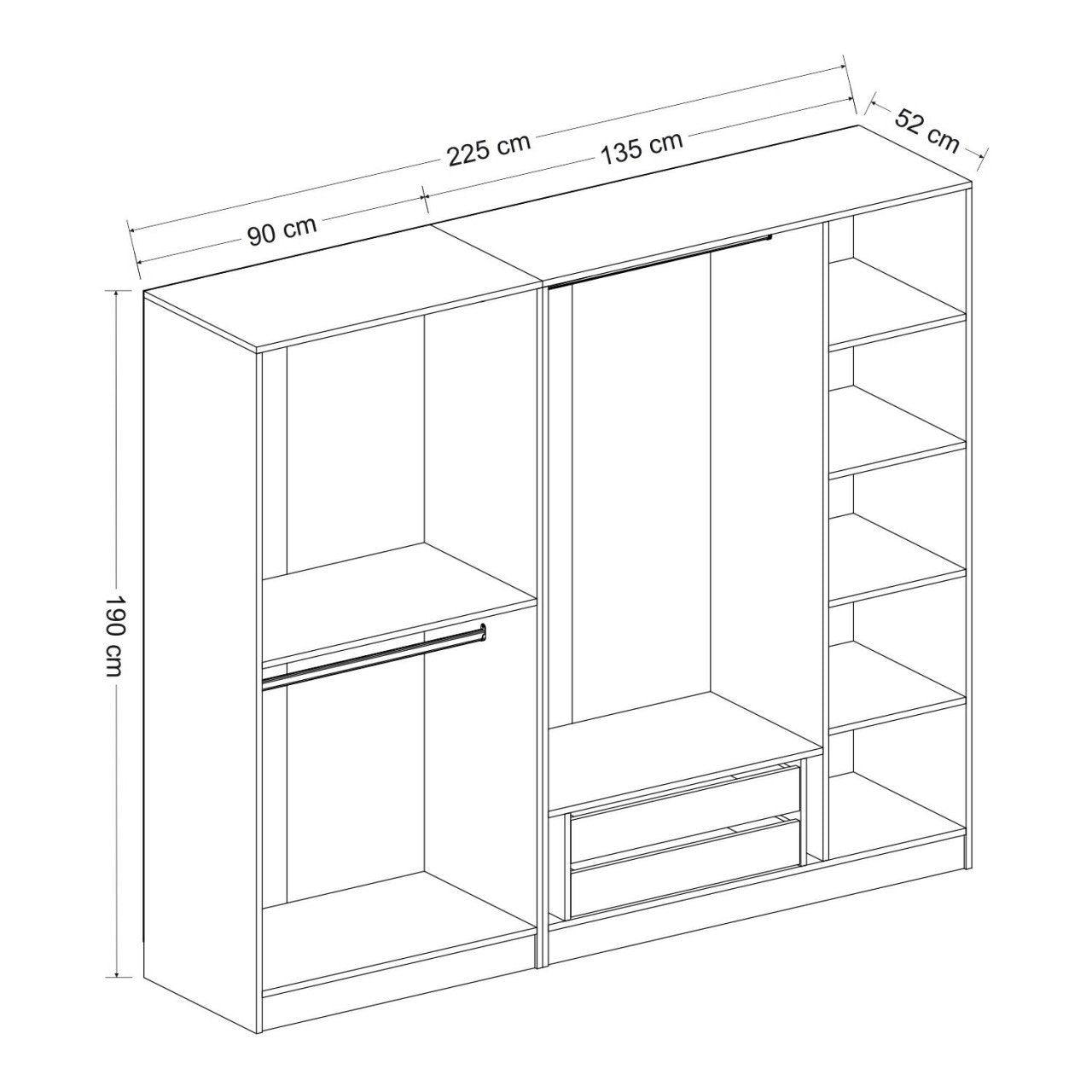 Armoire ouverte Antipax L225xH210cm 3 tringles et 2 tiroirs Anthracite