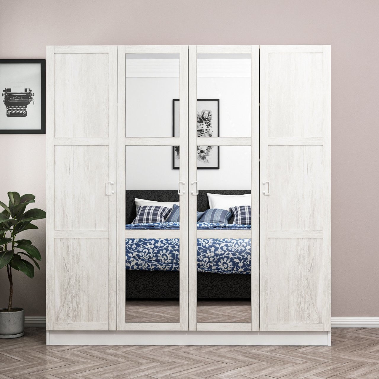 Armoire 4 portes et 6 miroirs Parai L180xH190cm Blanc