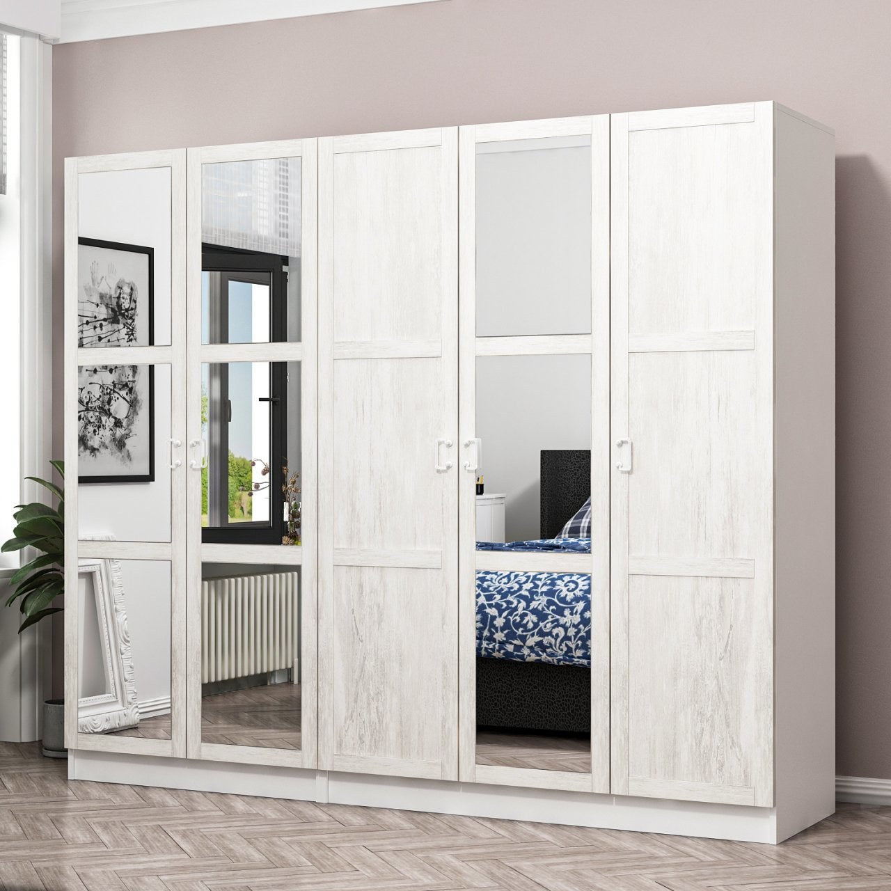 Armoire 5 portes et 9 miroirs modèle 1 Parai L225xH190cm Blanc