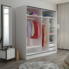 Dressing avec 2 porte coulissantes et miroir à droite Carina L180xH190cm Blanc