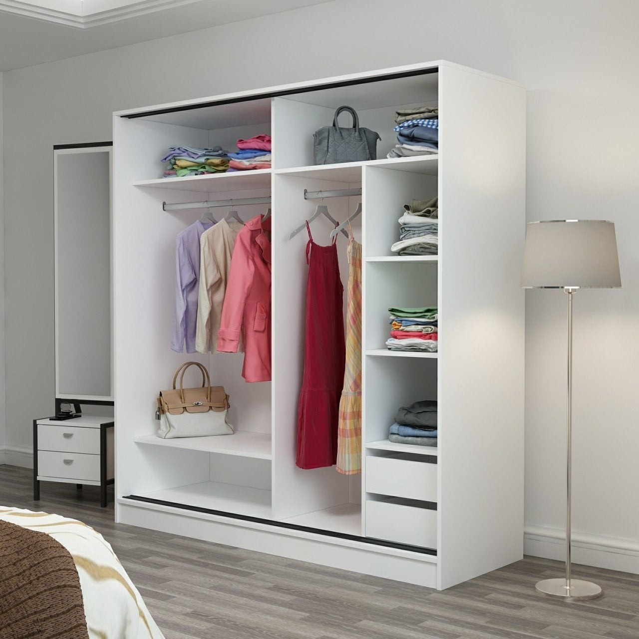 Dressing avec 2 porte coulissantes et miroir à droite Carina L180xH190cm Blanc