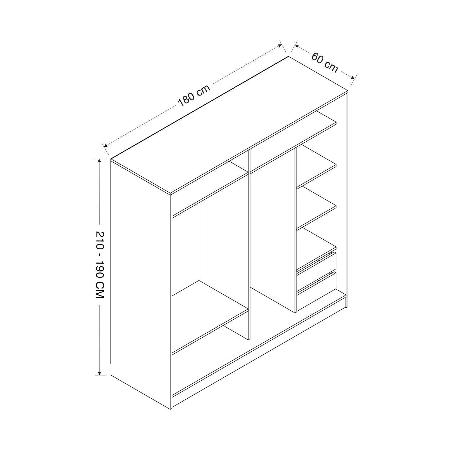 Dressing avec 2 porte coulissantes et miroir à droite Carina L180xH190cm Blanc