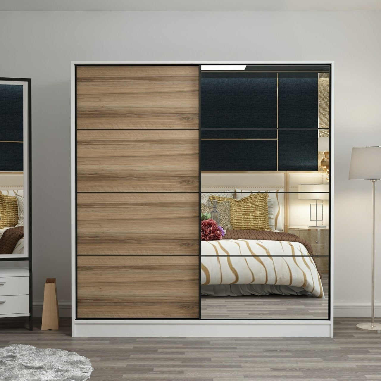 Dressing avec 2 porte coulissantes et miroir à droite Carina L180xH210cm Bois clair et Blanc