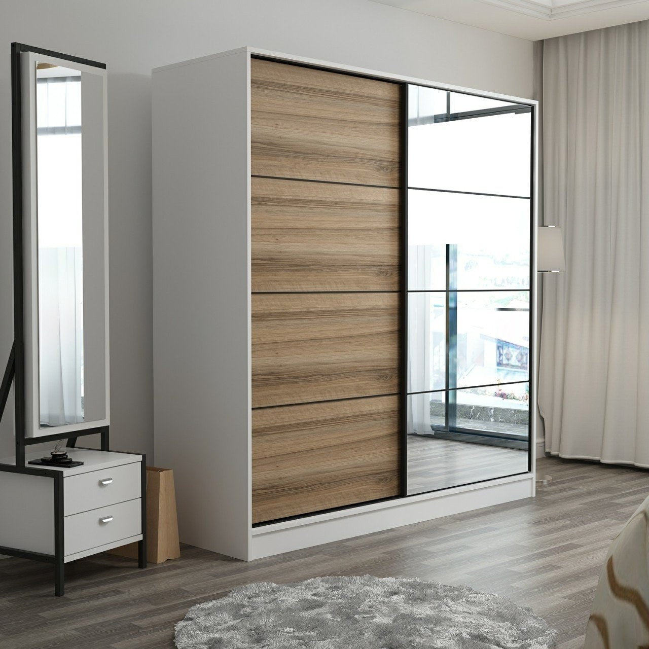 Dressing avec 2 porte coulissantes et miroir à droite Carina L180xH210cm Bois clair et Blanc