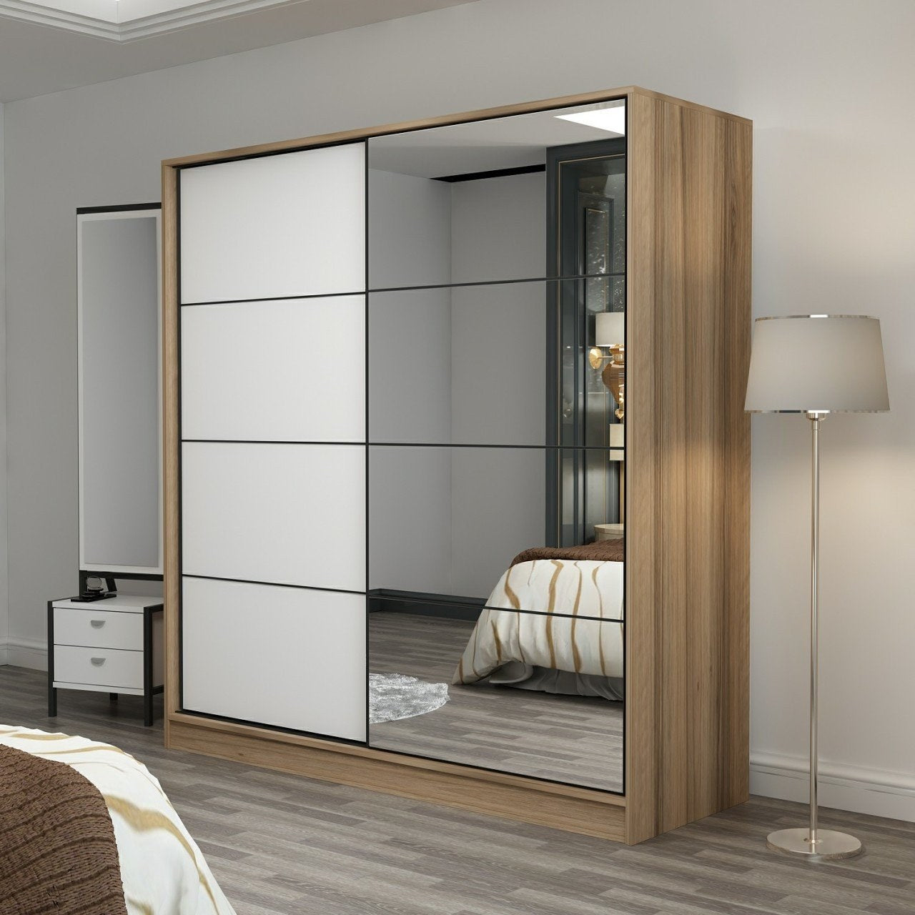 Dressing avec 2 porte coulissantes et miroir à droite Carina L180xH190cm Bois clair et Blanc