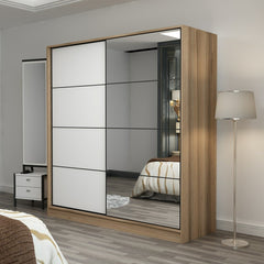 Dressing avec 2 porte coulissantes et miroir à droite Carina L180xH190cm Bois clair et Blanc