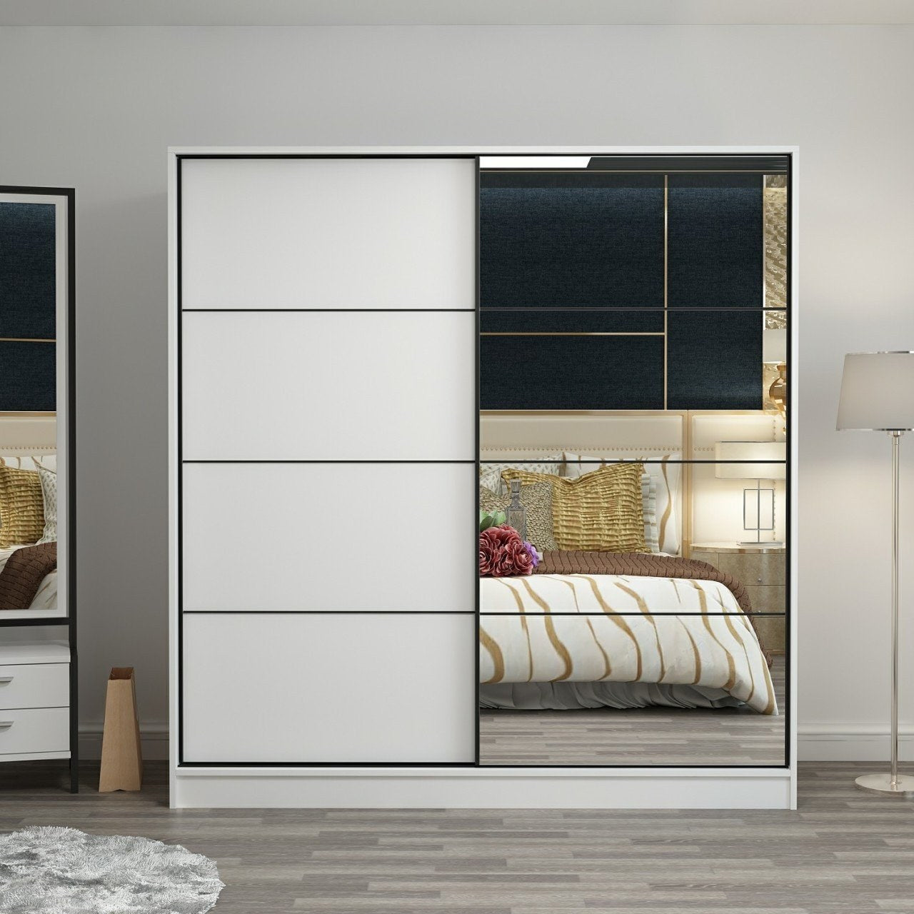 Dressing Carina L220xH210cm avec 2 portes coulissantes Miroir à droite et Blanc