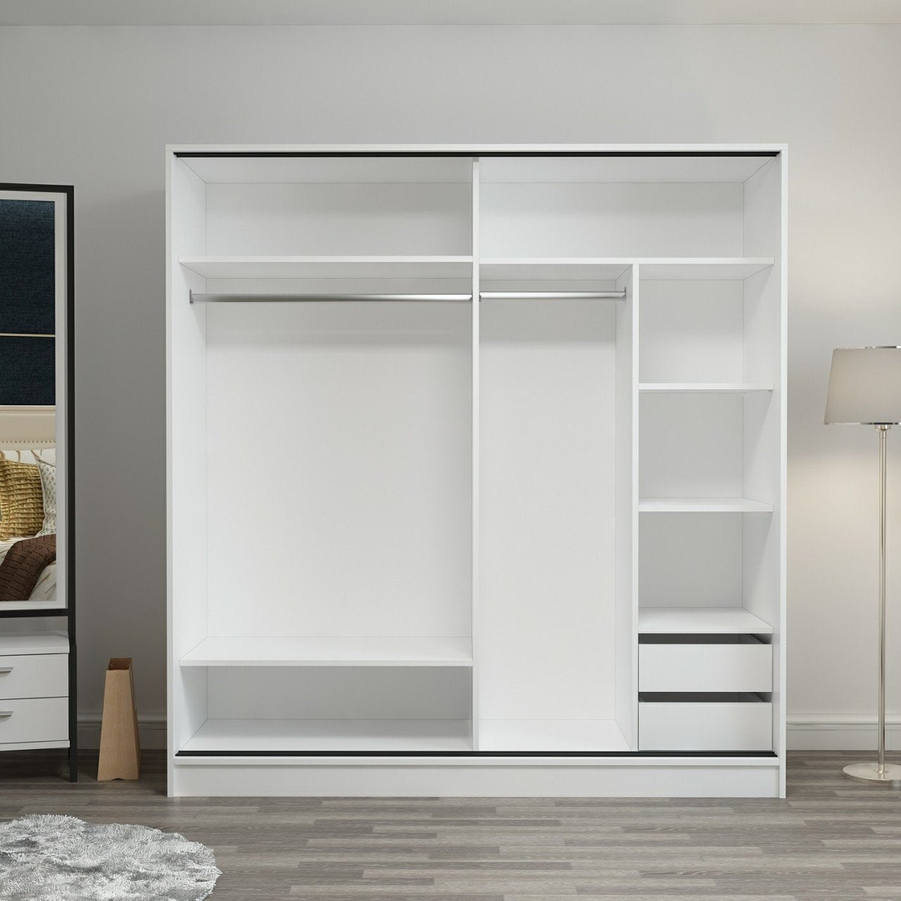 Dressing Carina L220xH210cm avec 2 portes coulissantes Miroir à droite et Blanc