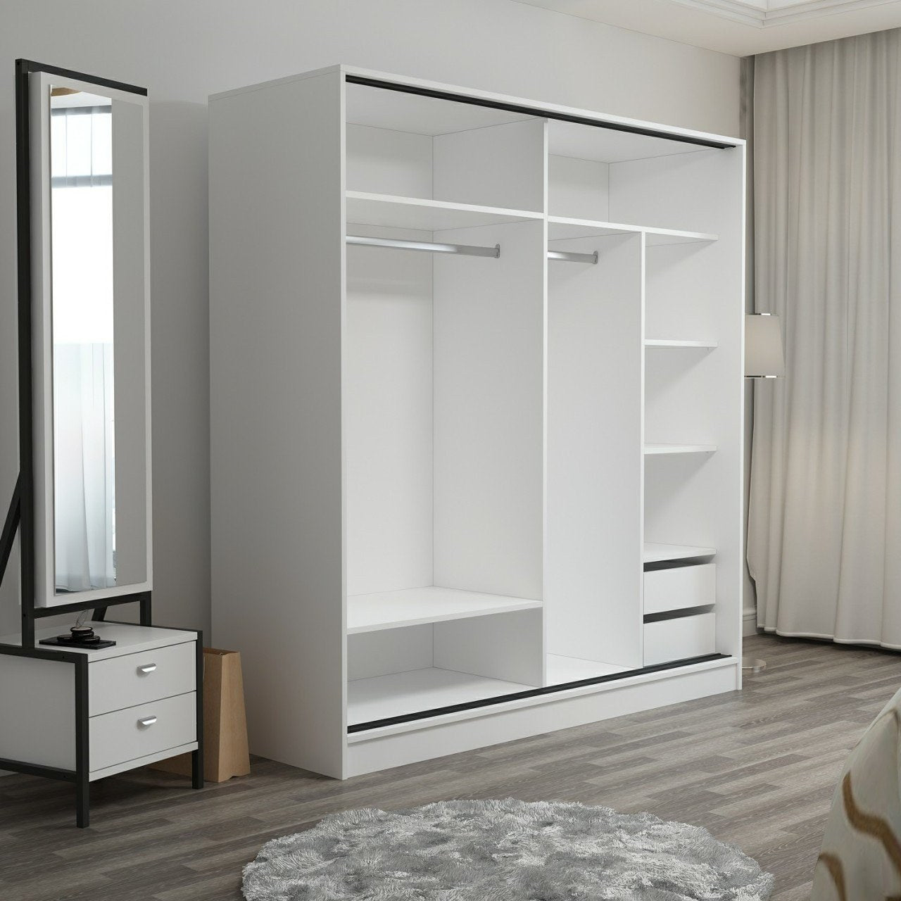 Dressing Carina L220xH210cm avec 2 portes coulissantes Miroir à droite et Blanc