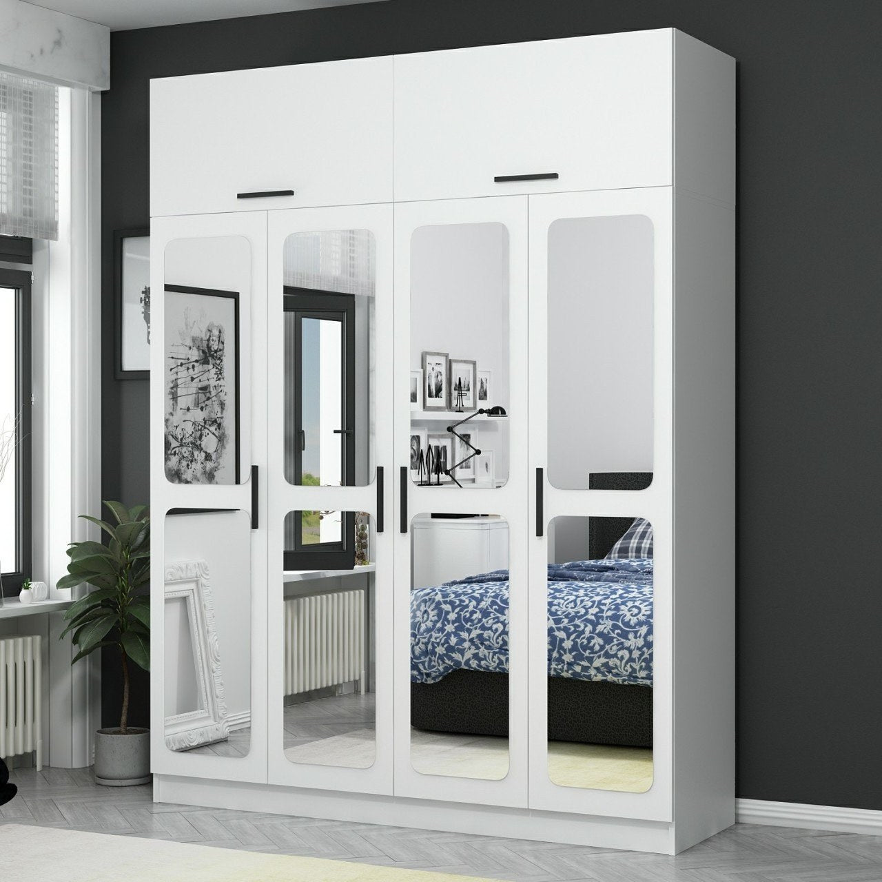 Armoire 6 portes et 8 miroirs Sanur L180xH255cm Blanc