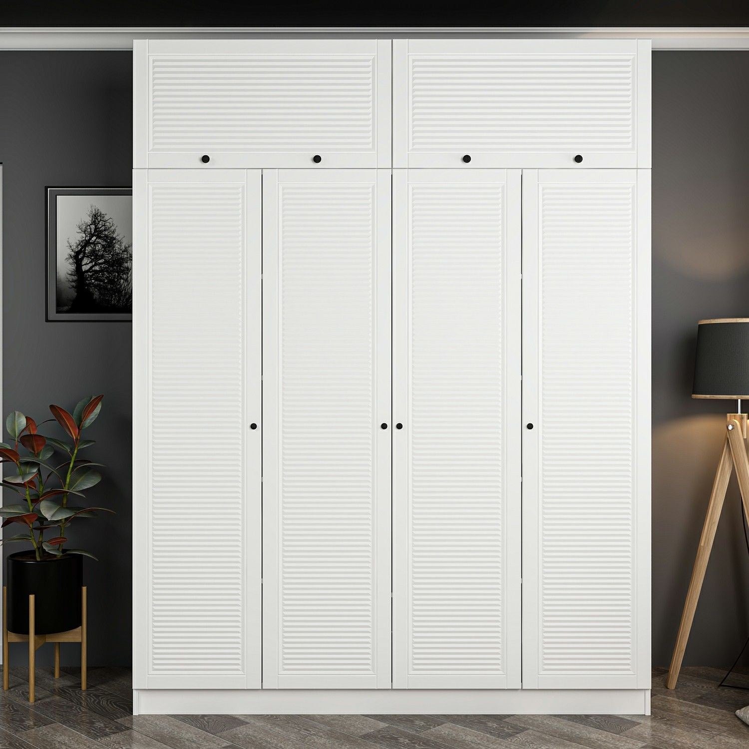 Armoire haute 4 portes battantes et 2 portes basculantes Kuta L180xH235cm Bois Blanc