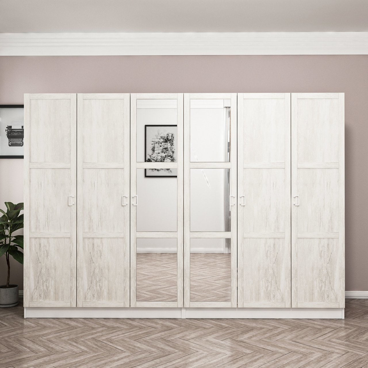 Armoire 6 portes et 6 miroirs Parai L270xH190cm Blanc