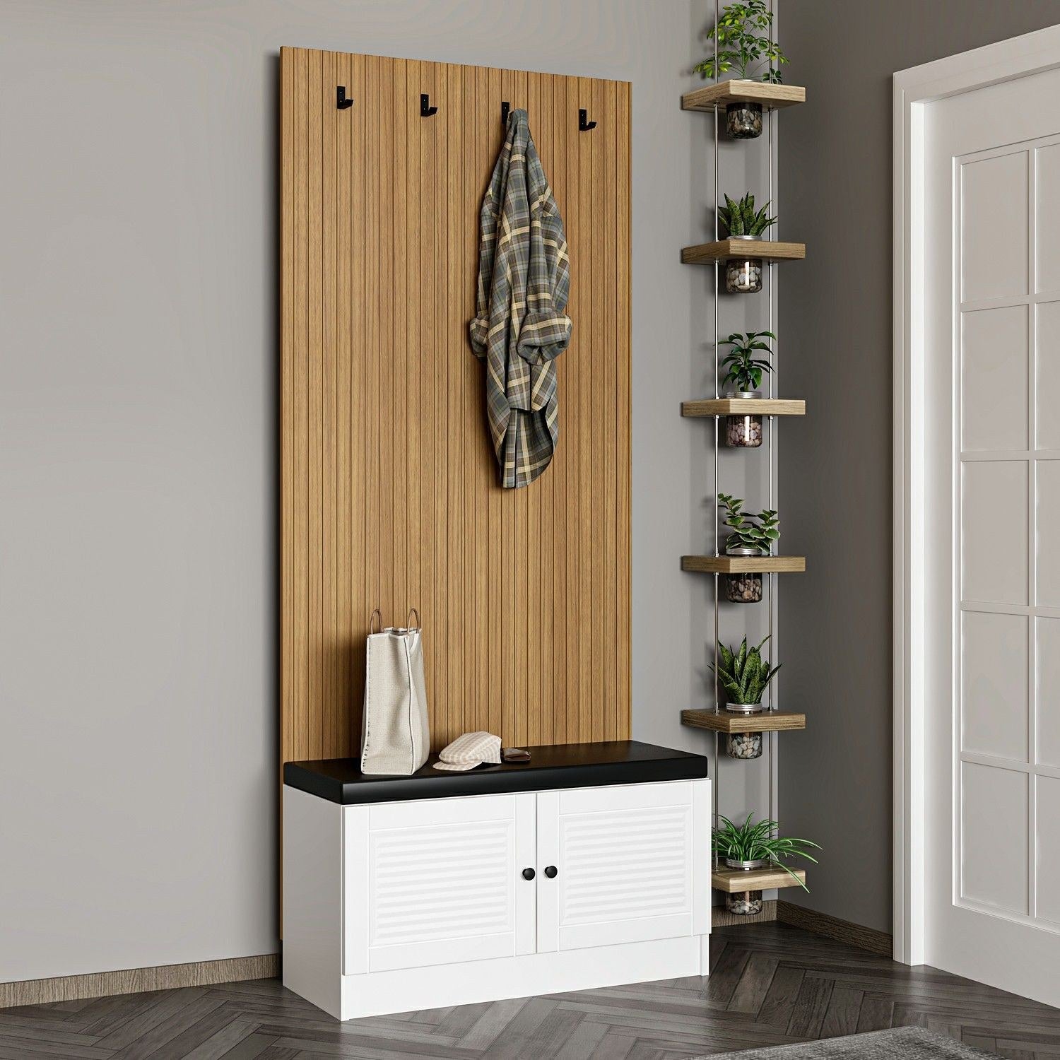 Meuble d'entrée Lianne L90xH210cm Bois clair et Blanc