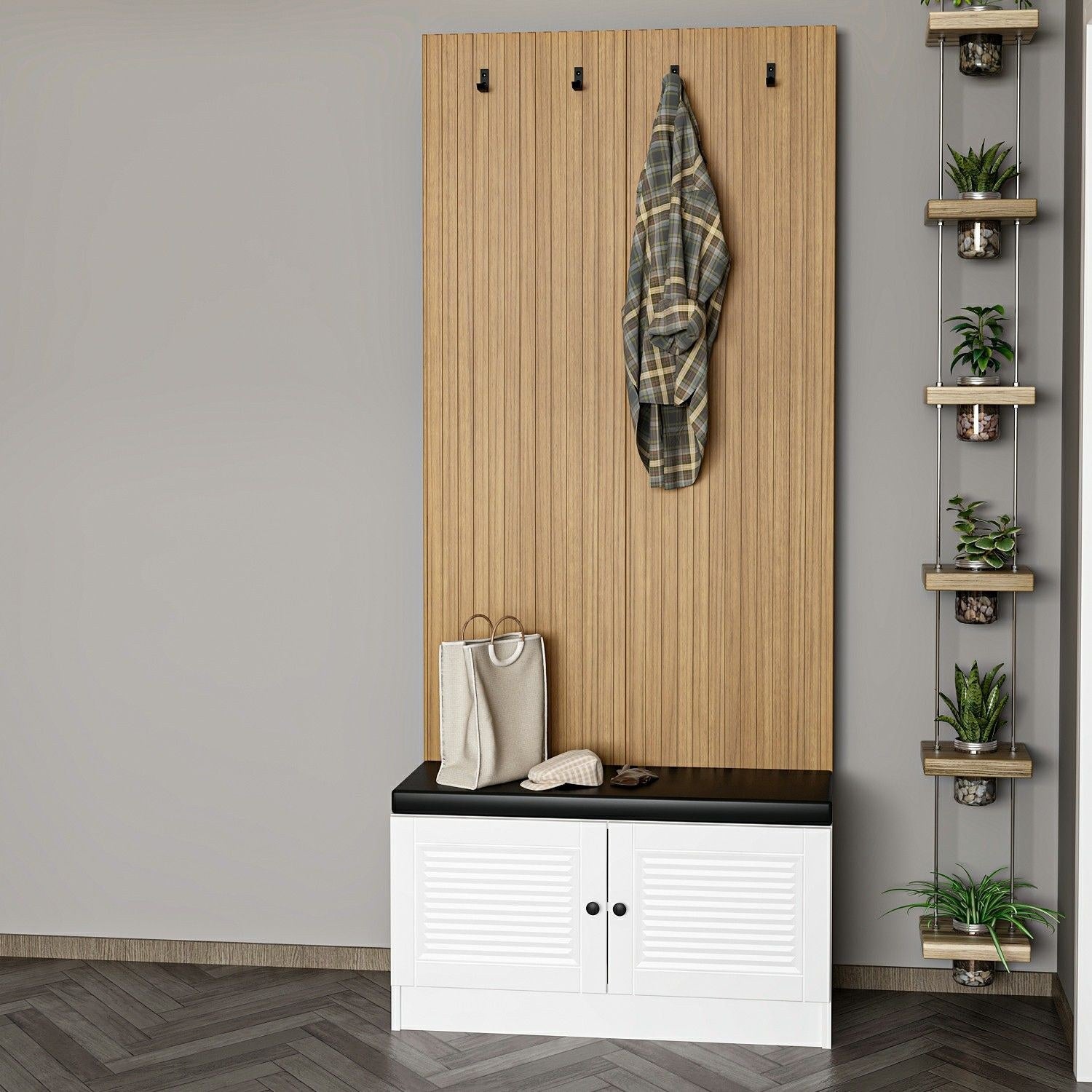 Meuble d'entrée Lianne L90xH210cm Bois clair et Blanc