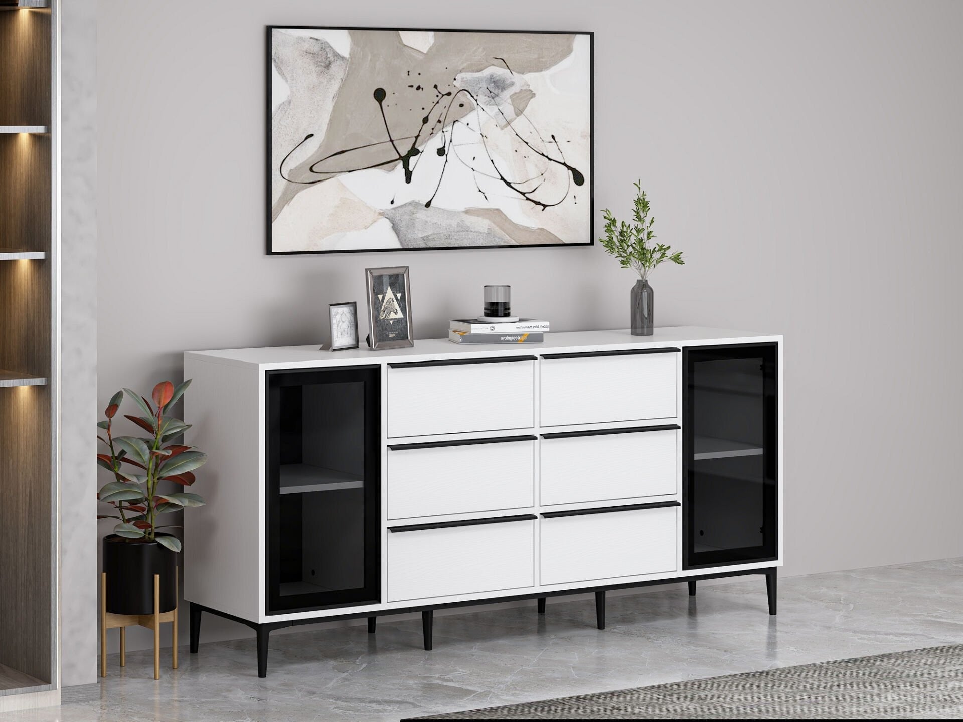 Buffet 2 portes et 6 tiroirs moderne Bakita L180cm Blanc et Noir