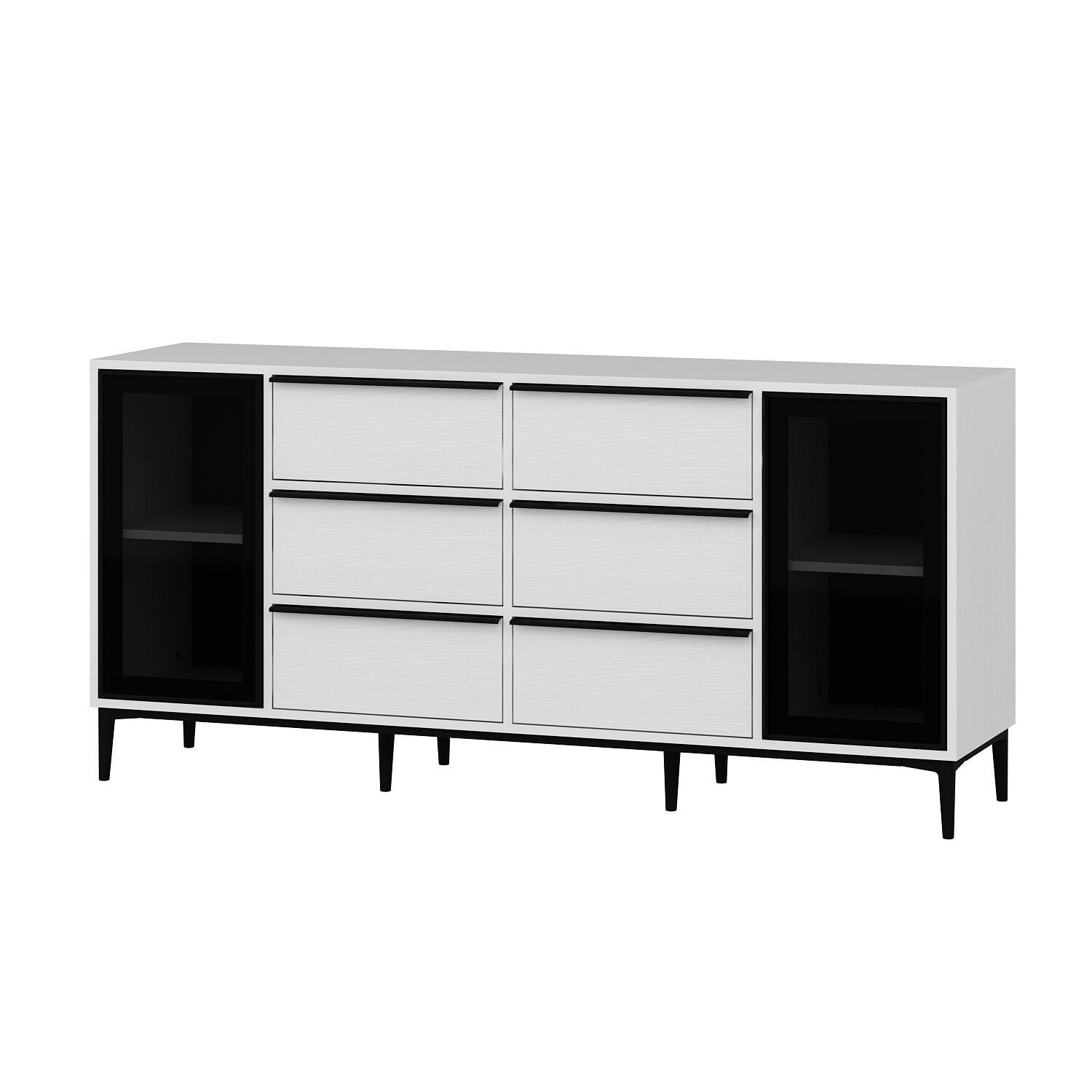 Buffet 2 portes et 6 tiroirs moderne Bakita L180cm Blanc et Noir