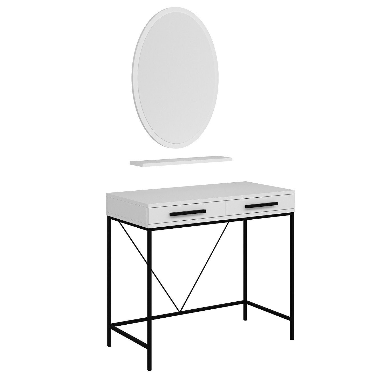 Coiffeuse moderne 2 tiroirs avec étagère et miroir Sinane Blanc et Noir