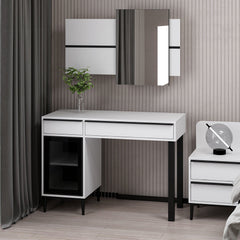 Coiffeuse moderne 2 tiroirs et 1 porte avec miroir Bakita L120cm Blanc et Noir