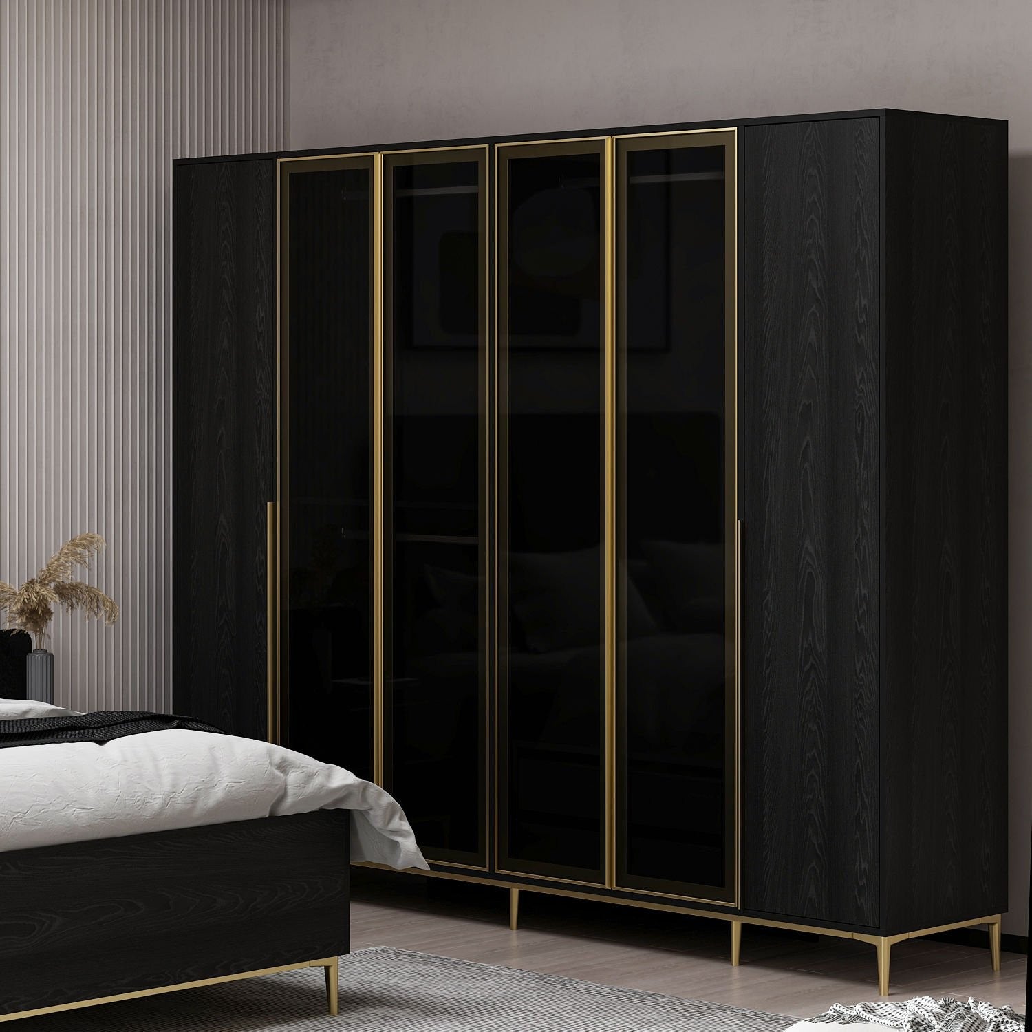 Armoire moderne 4 portes vitrées Bakita L268cm Noir et Or