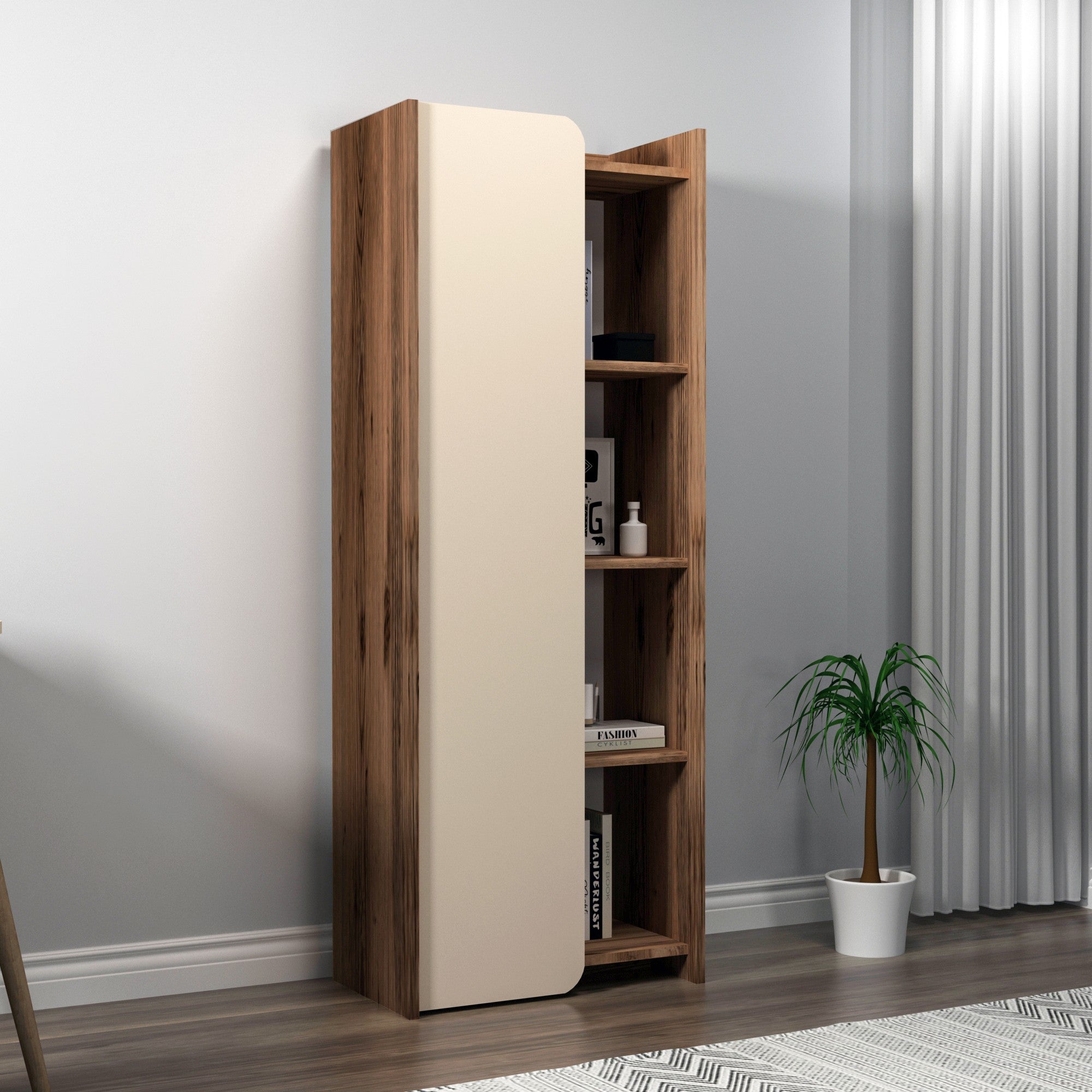 Étagère bibliothèque à porte battante Maritta L60cm Bois clair et Beige