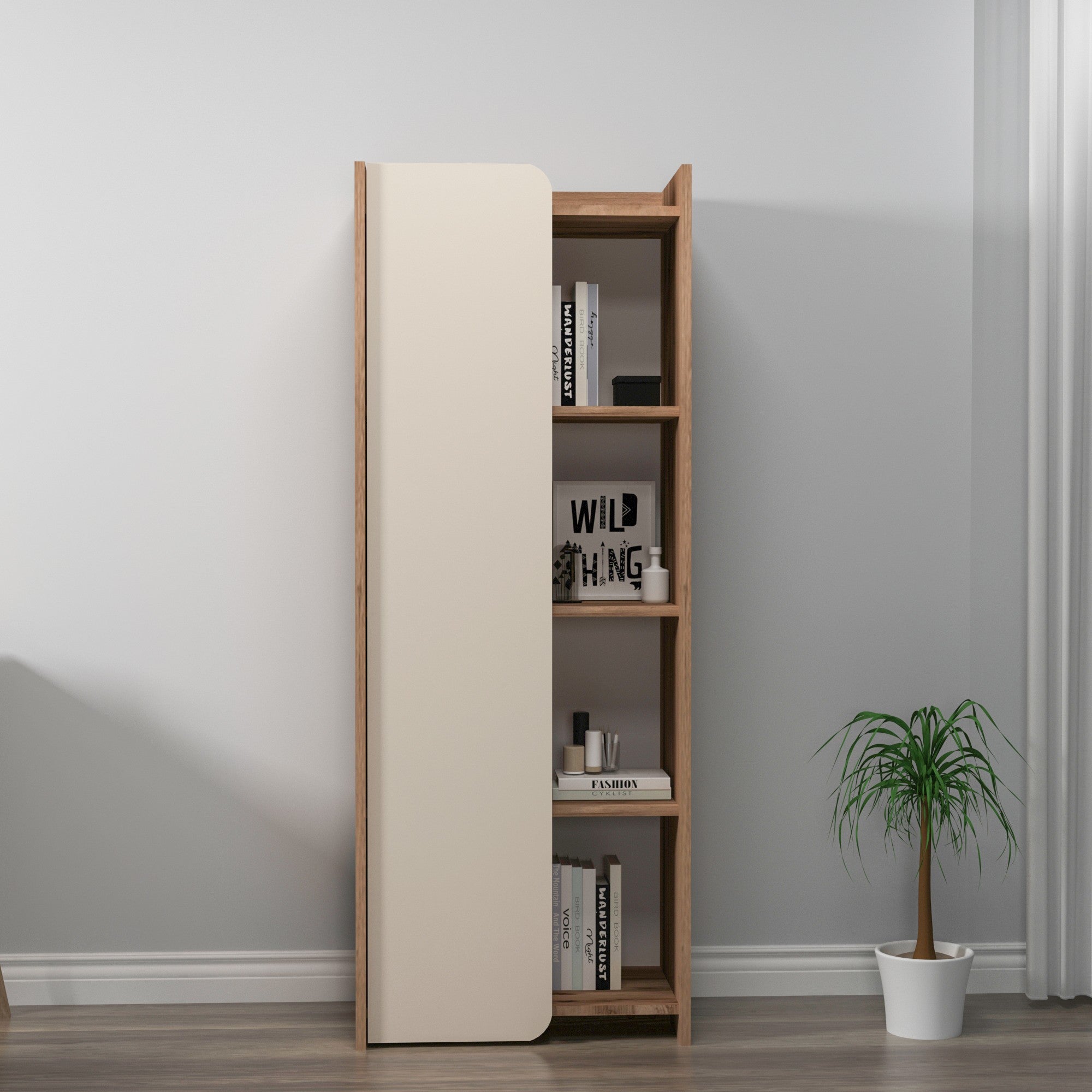 Étagère bibliothèque à porte battante Maritta L60cm Bois clair et Beige