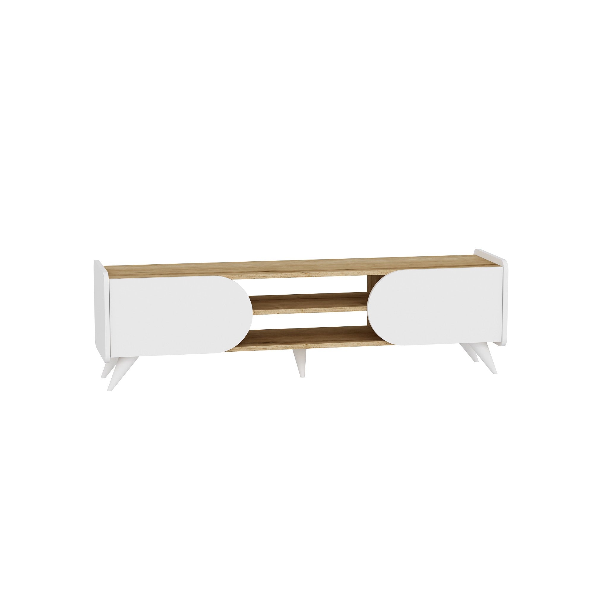 Meuble TV design 2 portes Audia L160cm Bois clair et Blanc