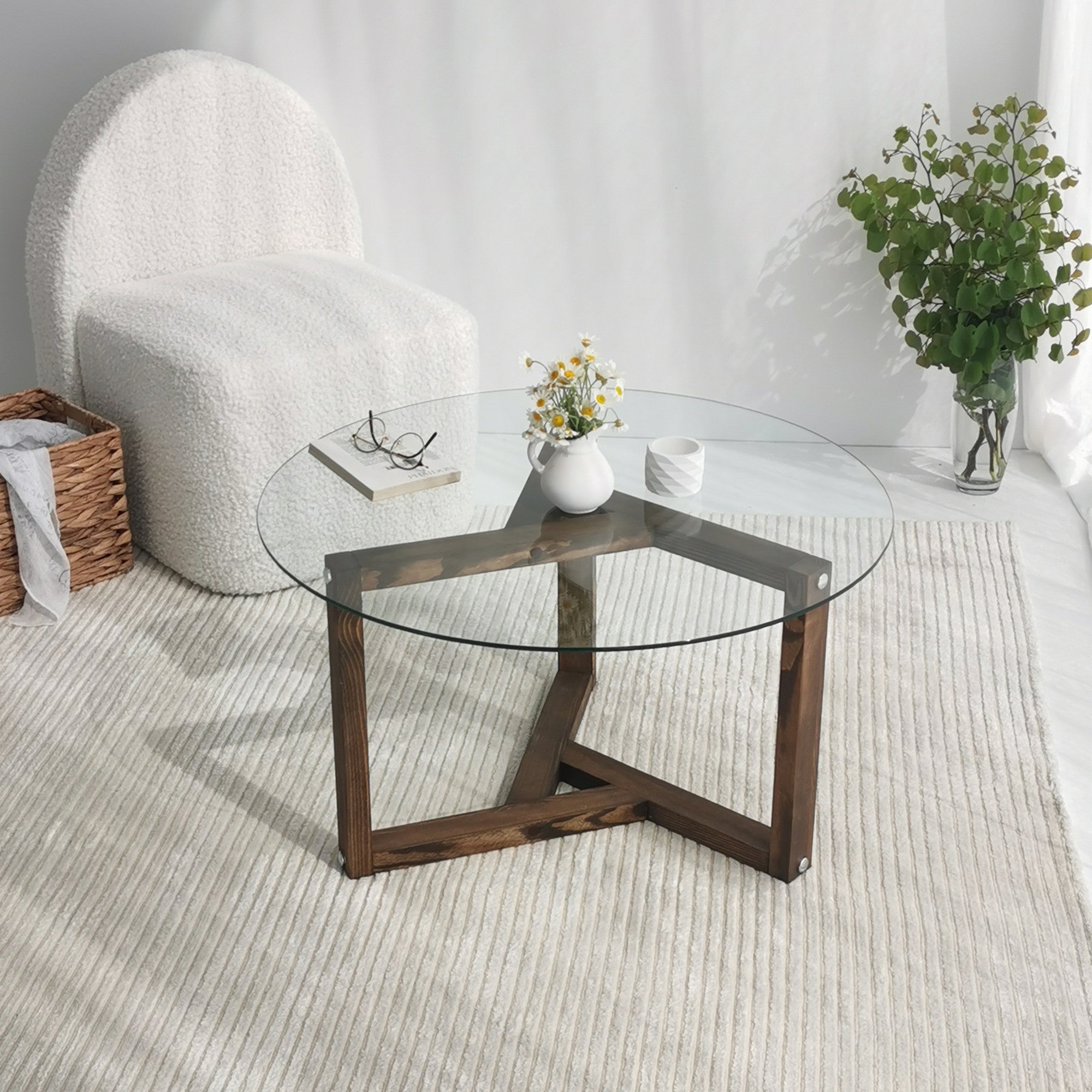 Table basse design cosmo D75cm Verre trempé Transparent et Pin massif foncé