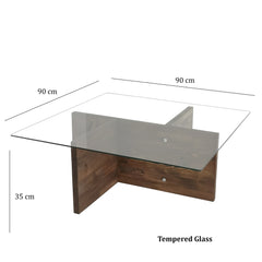 Table basse design carré Enatone 90cm Pin massif foncé et Verre Transparent