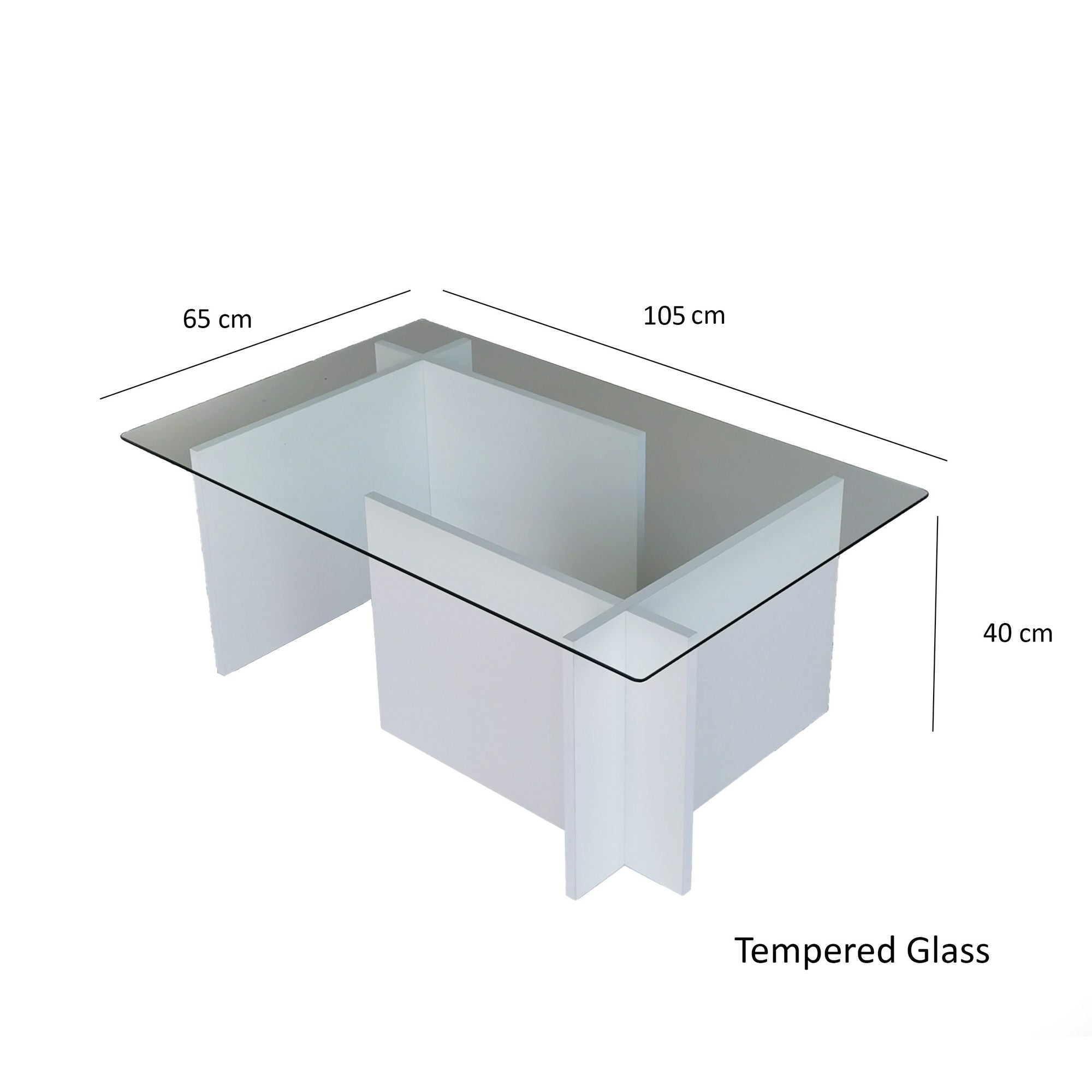 Table basse Melar 105x65cm Bois Blanc et Verre Transparent