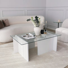 Table basse Melar 105x65cm Bois Blanc et Verre Transparent