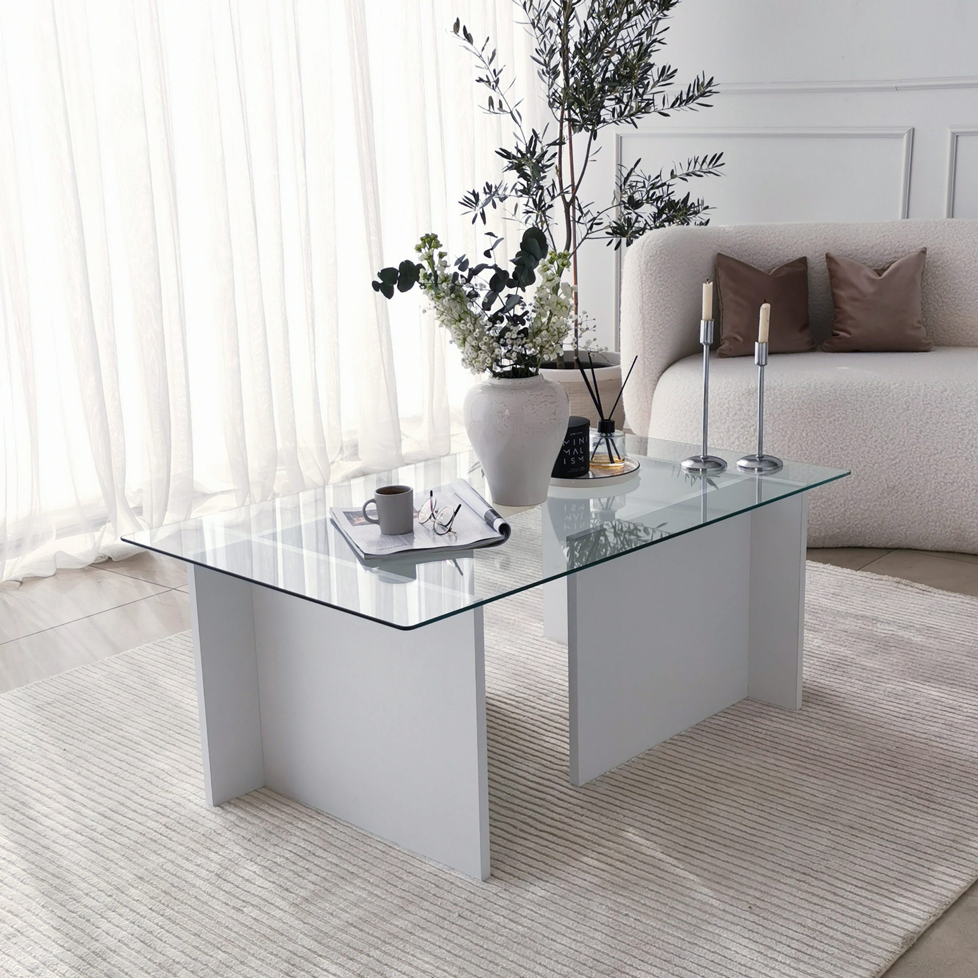 Table basse Melar 105x65cm Bois Blanc et Verre Transparent