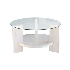 Table basse ronde Wilds D75cm Bois massif Blanc et Verre Transparent