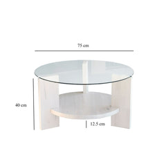 Table basse ronde Wilds D75cm Bois massif Blanc et Verre Transparent