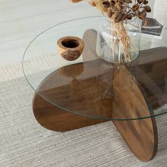 Table basse design Venas D75cm Pin massif foncé et Verre trompé Transparent