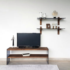 Meuble TV 2 tablettes avec 2 étagères murales Doris L120cm Bois massif foncé et Verre trempé Fumé Noir