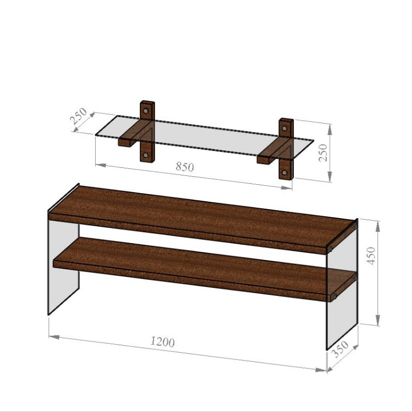 Meuble TV 2 tablettes avec étagère murale Doris L120cm Bois massif foncé et Verre trempé Fumé Noir