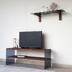 Meuble TV 2 tablettes avec étagère murale Doris L120cm Bois massif foncé et Verre trempé Fumé Noir