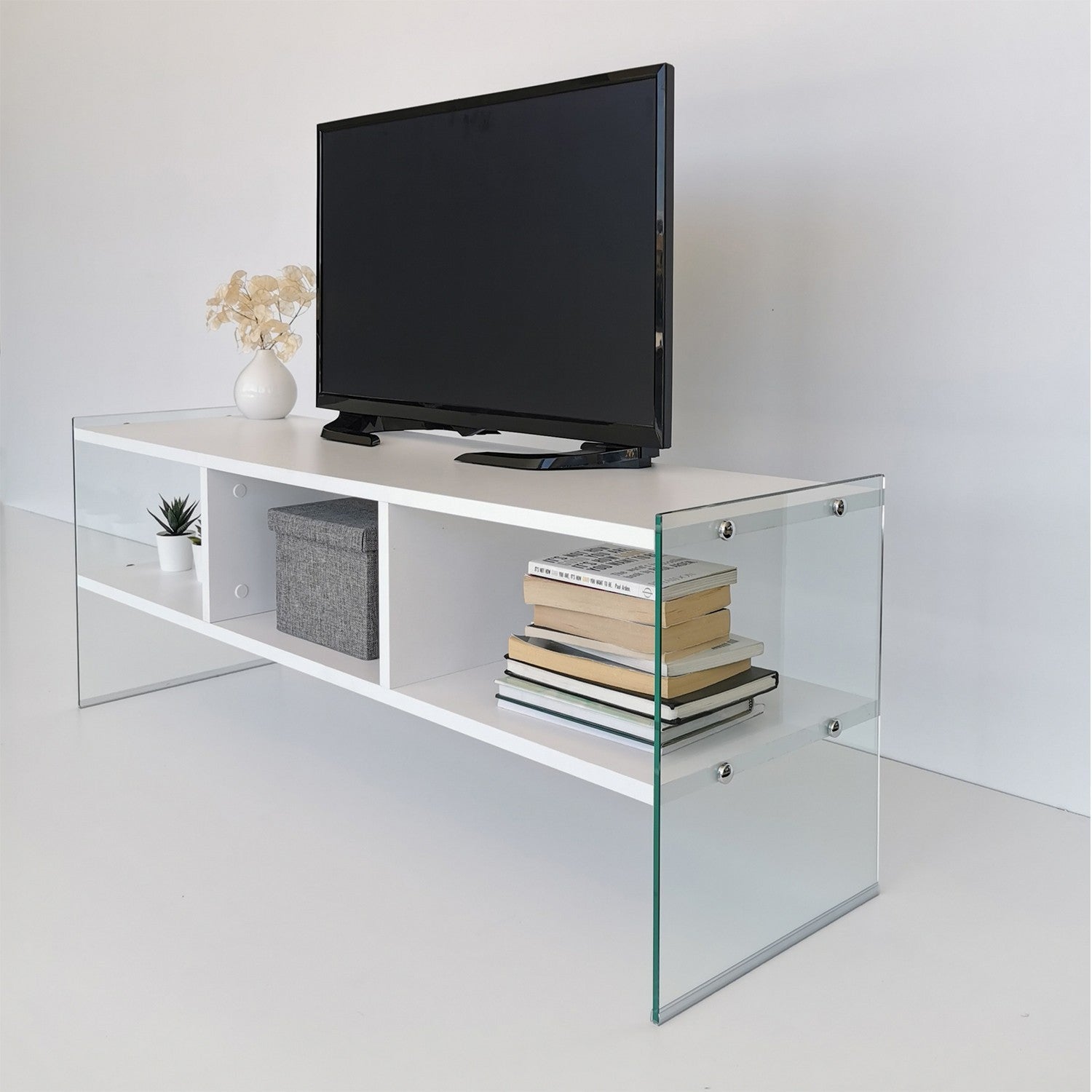 Meuble TV 3 étagères Doris L120xH35cm Bois Blanc et Verre trompé Transparent