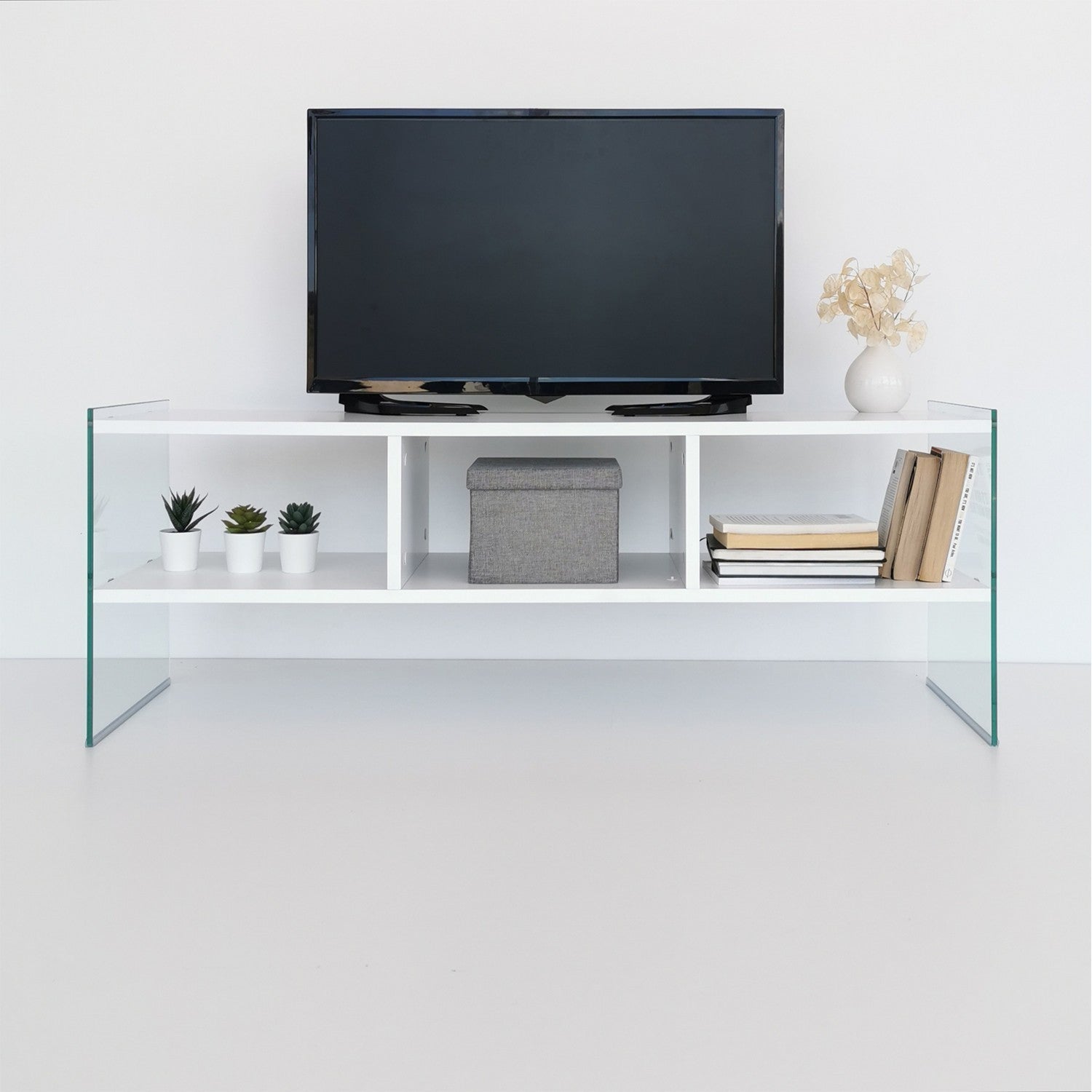 Meuble TV 3 étagères Doris L120xH35cm Bois Blanc et Verre trompé Transparent