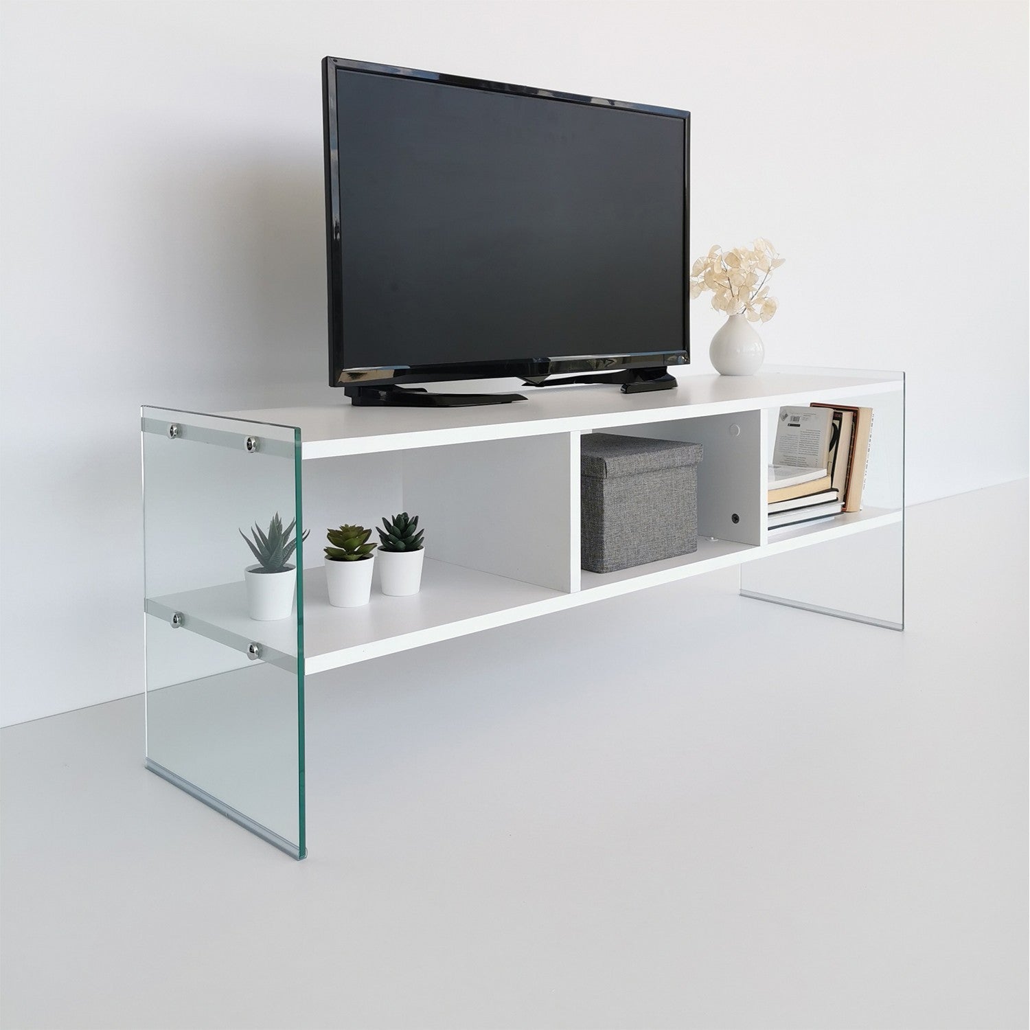 Meuble TV 3 étagères Doris L120xH35cm Bois Blanc et Verre trompé Transparent