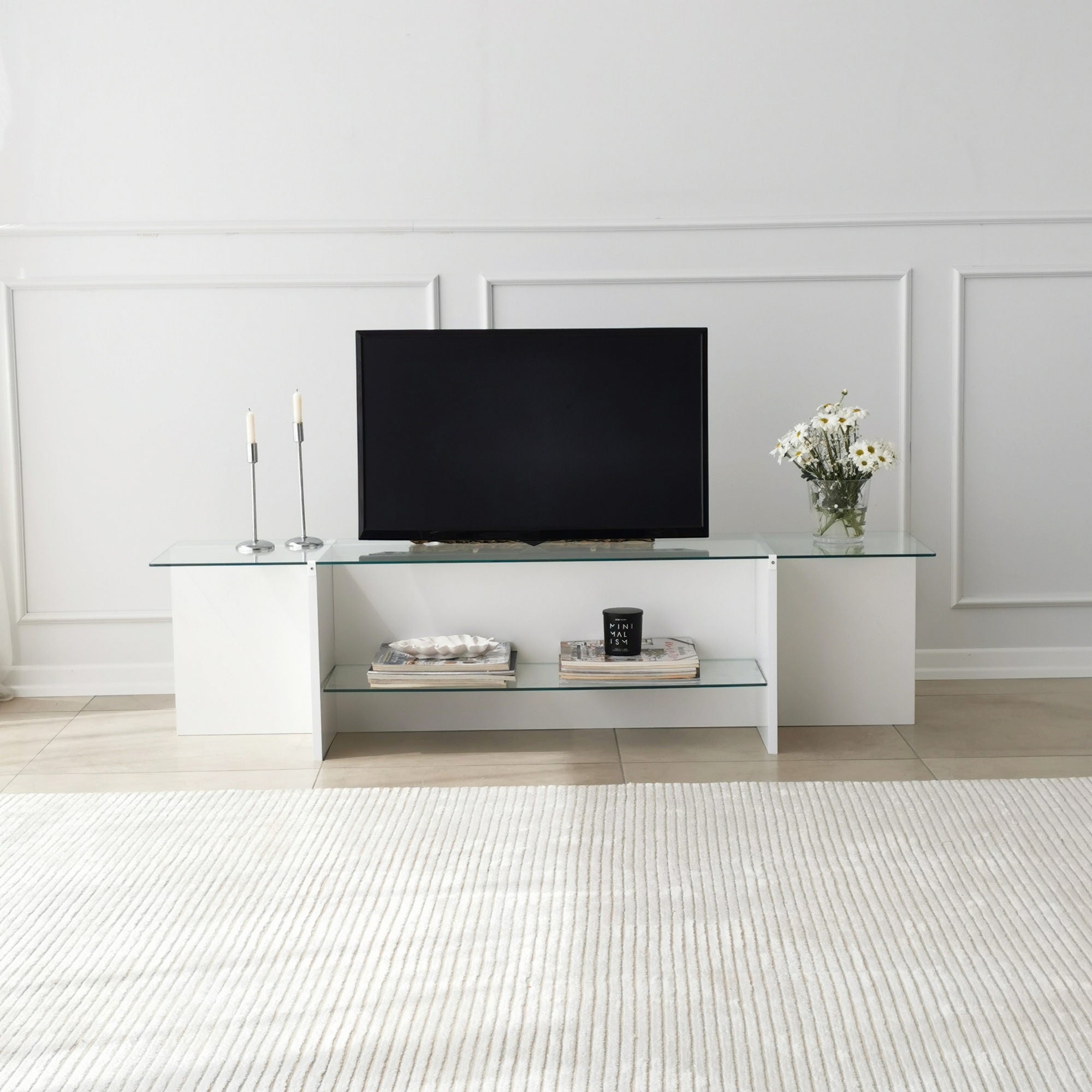 Meuble TV Melar L158cm Bois Blanc et Verre Transparent