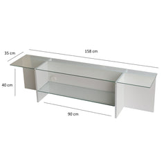 Meuble TV Melar L158cm Bois Blanc et Verre Transparent