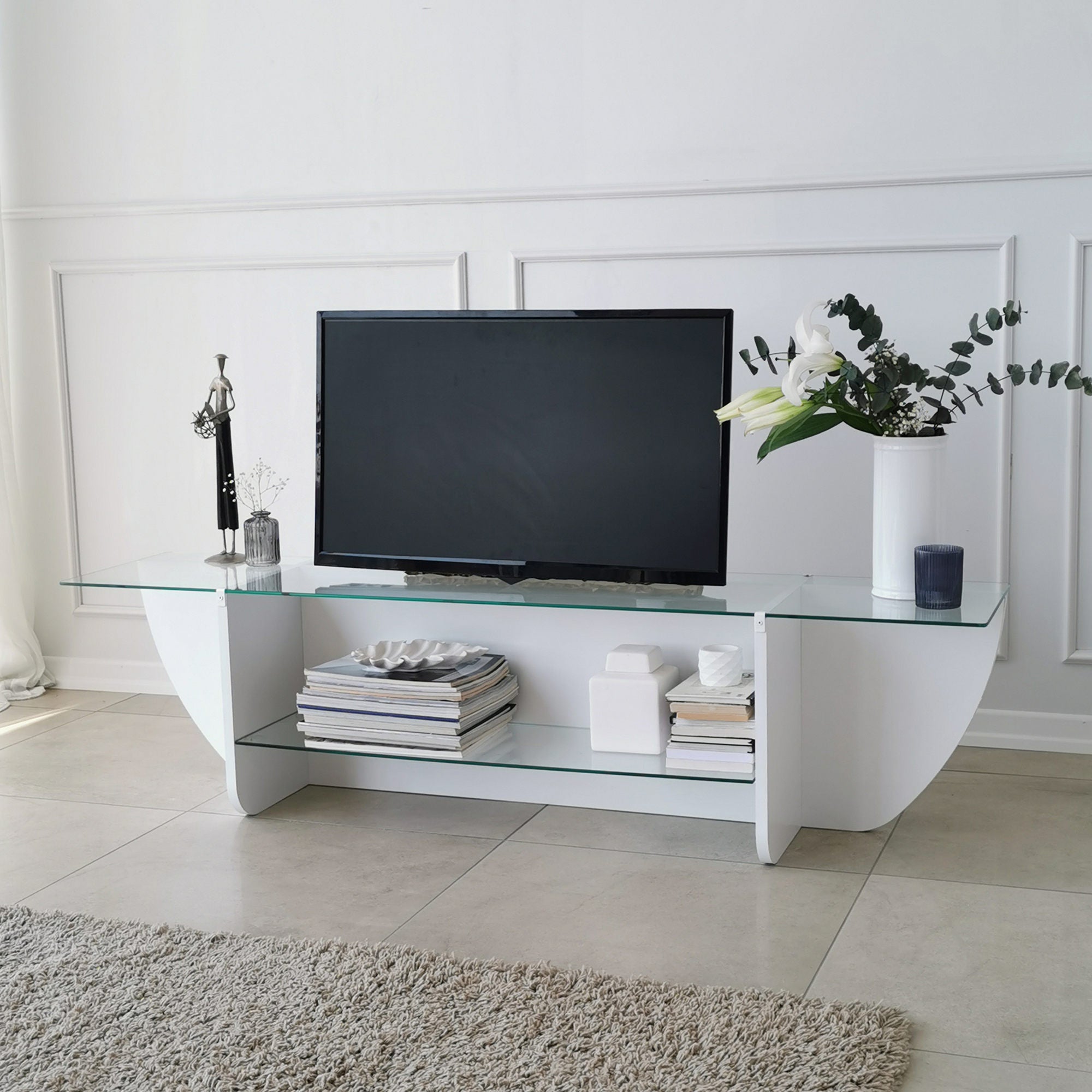 Meuble TV Sunac L158cm Verre Transparent et Bois Blanc