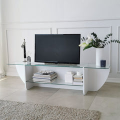 Meuble TV Sunac L158cm Verre Transparent et Bois Blanc