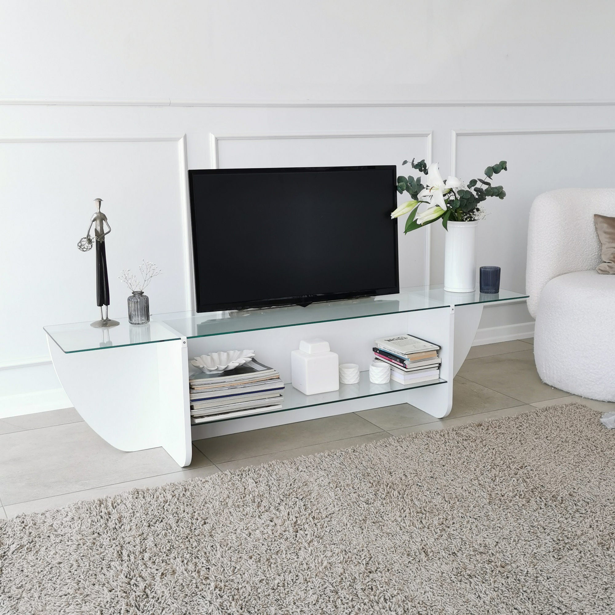 Meuble TV Sunac L158cm Verre Transparent et Bois Blanc