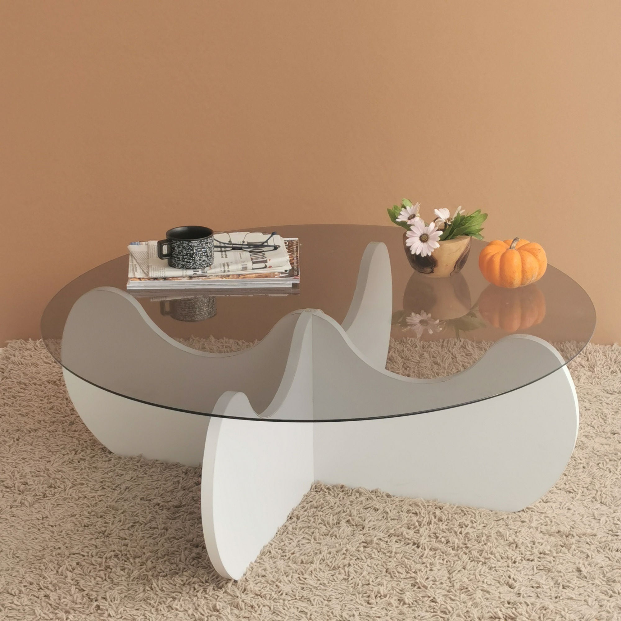 Table basse Yoranne D90cm Bois Blanc et Verre fumé Gris