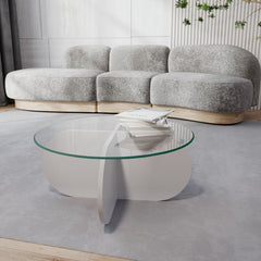 Table basse design Venas D75cm Bois Blanc et Verre trompé Transparent