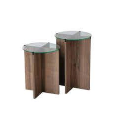 Lot de 2 tables d'appoint gigognes moderne Sunac Verre trempé Transparent et Bois foncé