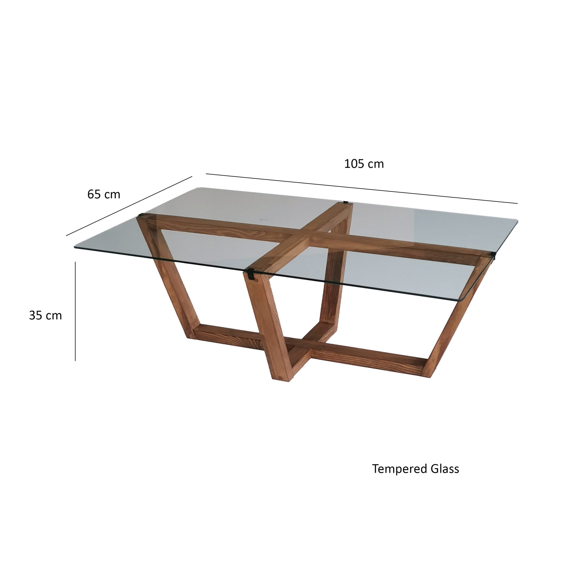 Table basse moderne Dinter L105cm Bois massif foncé et Verre Transparent