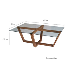 Table basse moderne Dinter L105cm Bois massif foncé et Verre Transparent